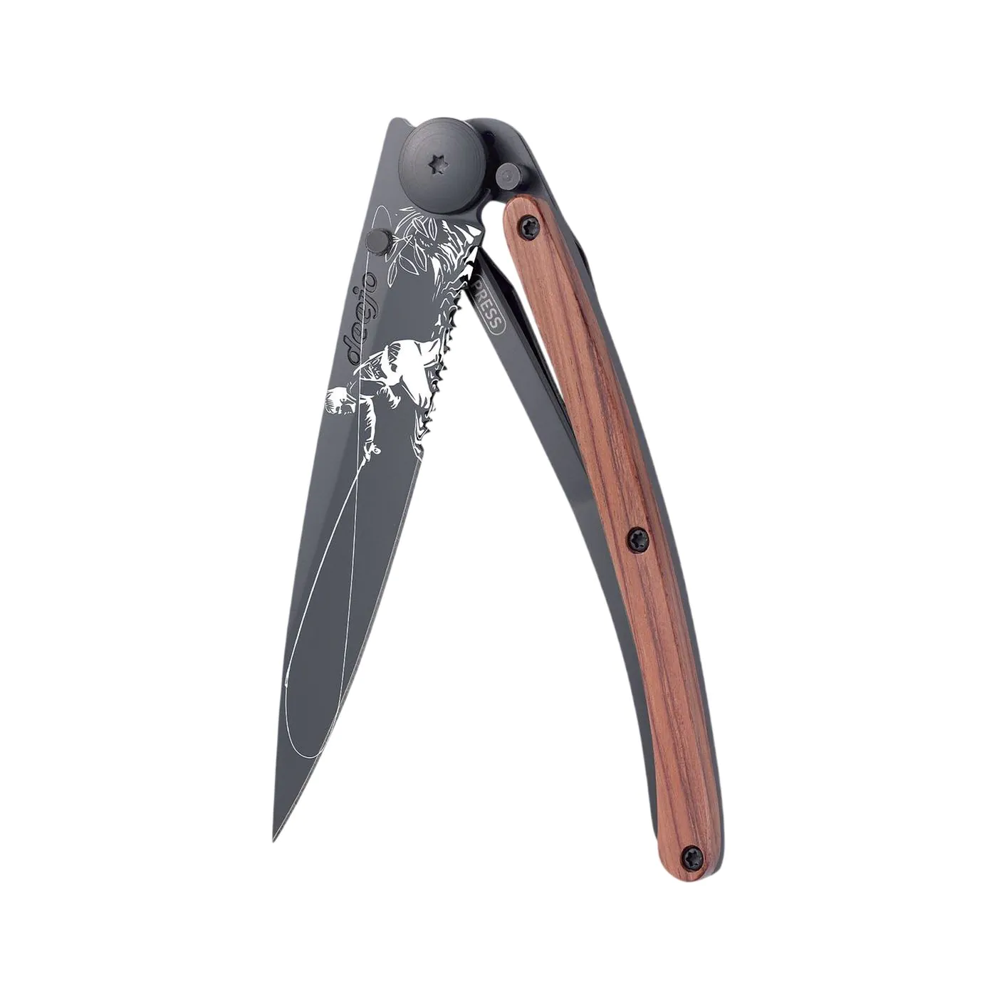 37g Korellenholz, Tattoo "Fliegenfischer", Taschenmesser (gezahnt)