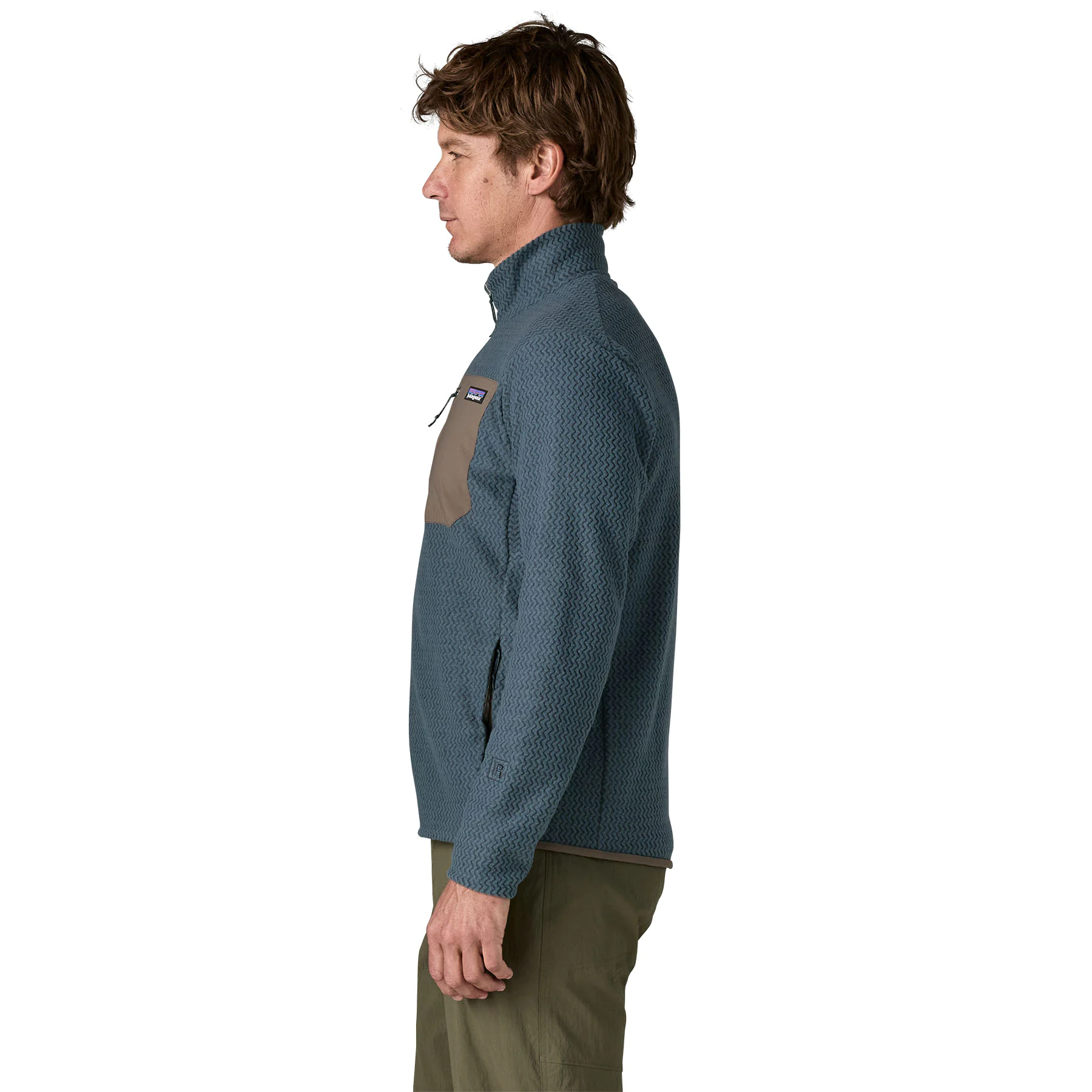 Herren-Fleecejacke, Stehkragen, Blaugrau, Zickzackmuster, Brusttasche