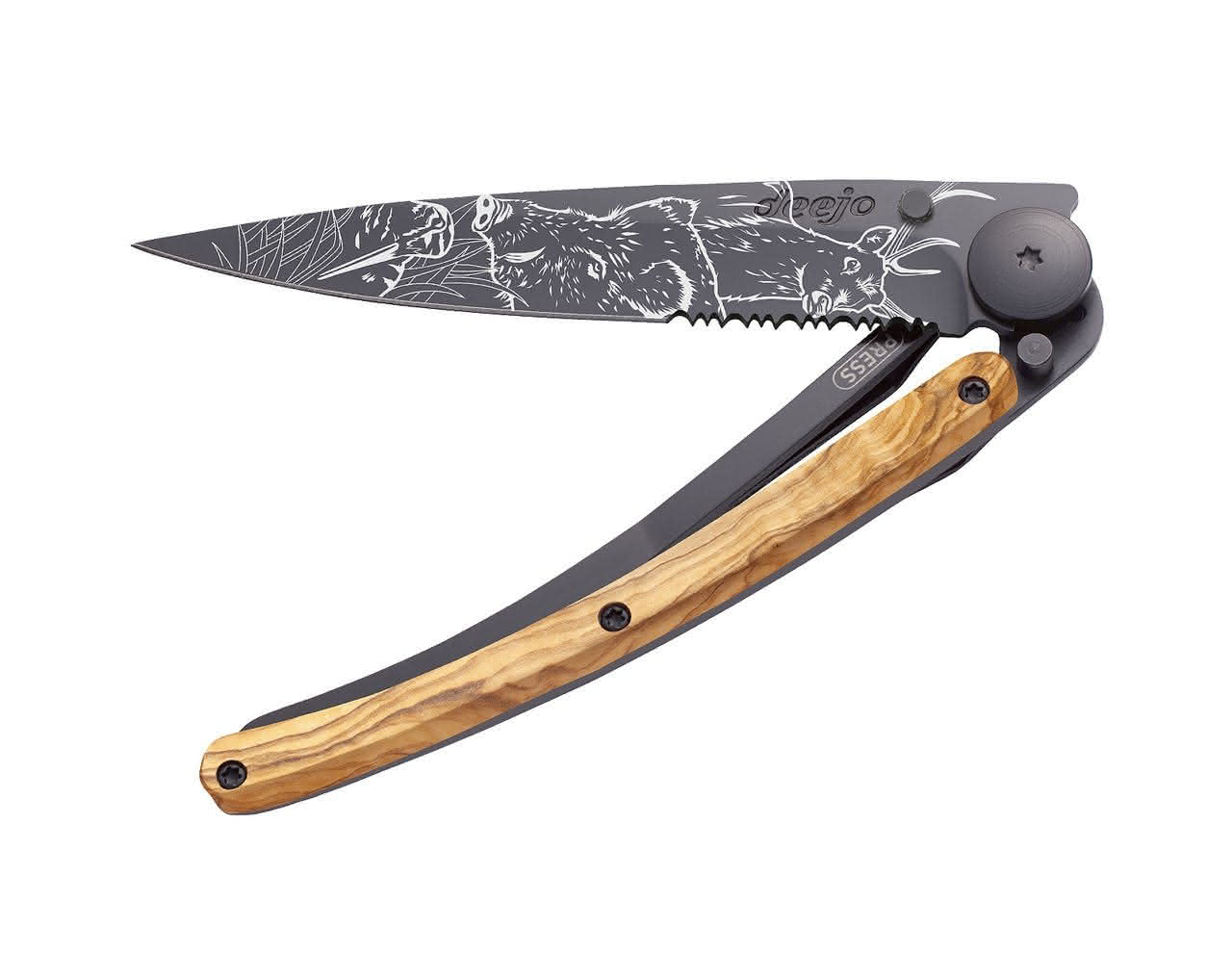 Serrated 37g Olivenholz, Tattoo "Jagdszene" Taschenmesser Serrated 37g Olivenholz, Tattoo "Jagdszene" Taschenmesser