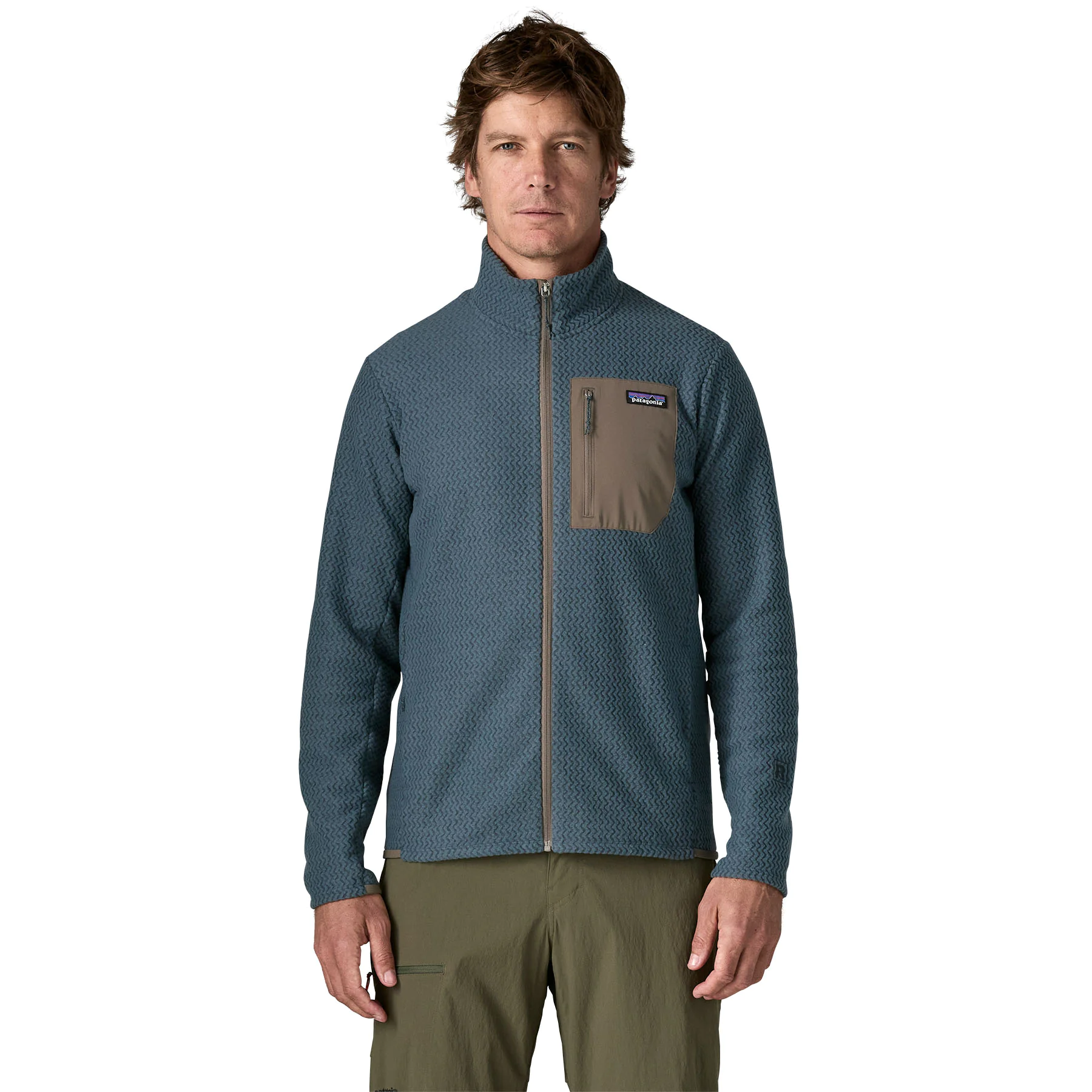 Herren-Fleecejacke, Blaugrau, Strukturmuster, Stehkragen, Brusttasche mit Reißverschluss