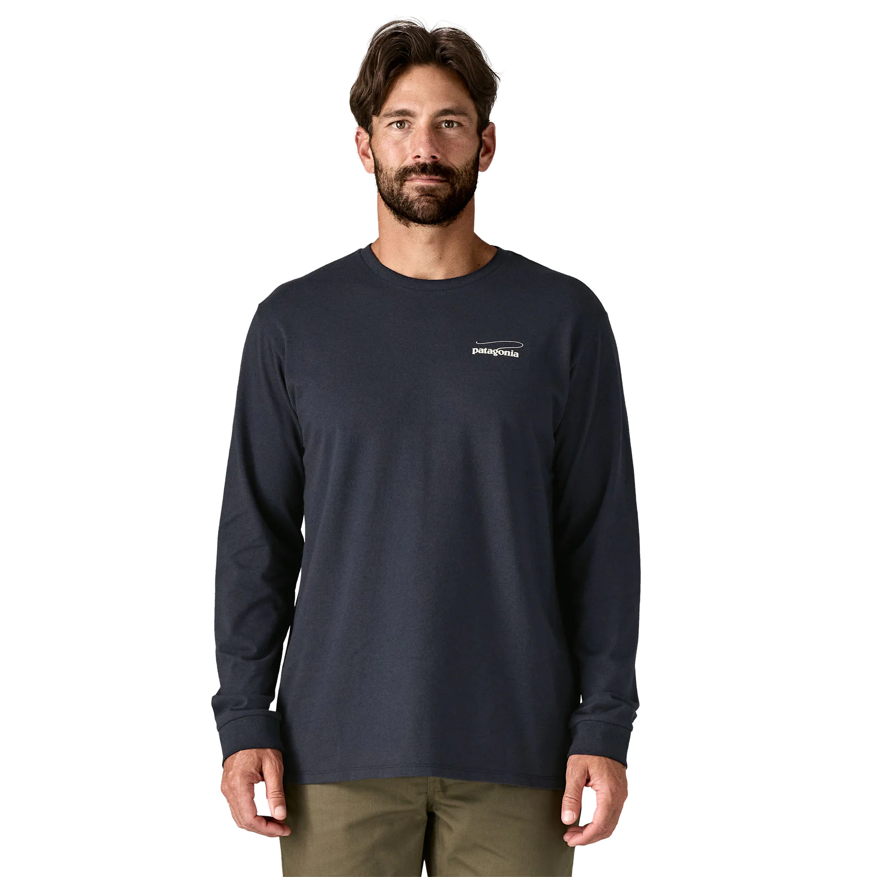 Herren-Langarmshirt, Rundhalsausschnitt, Dunkelblau, Unifarben, Brustlogo