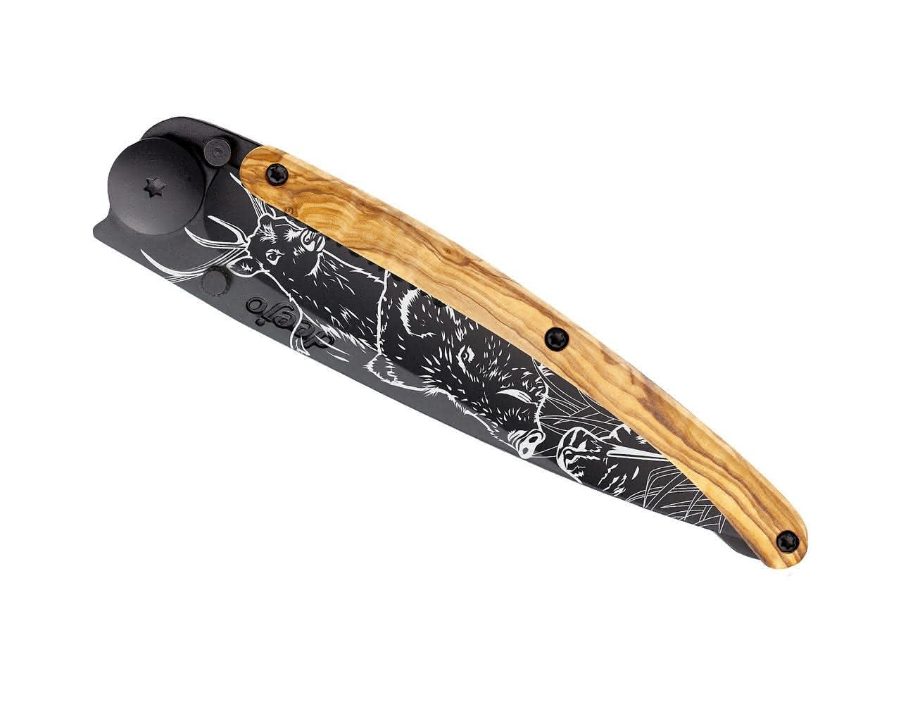 Serrated 37g Olivenholz, Tattoo "Jagdszene" Taschenmesser Serrated 37g Olivenholz, Tattoo "Jagdszene" Taschenmesser