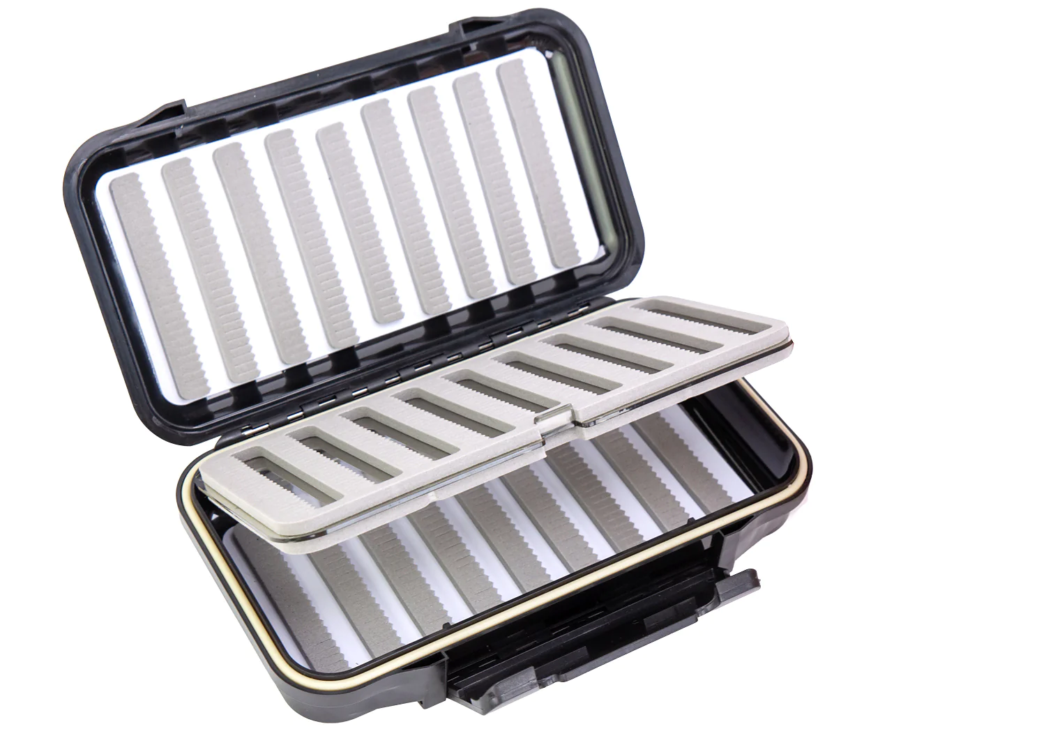 Fliegenbox, Kunststoff, schwarz, wasserdicht, Schaumstoffeinlage