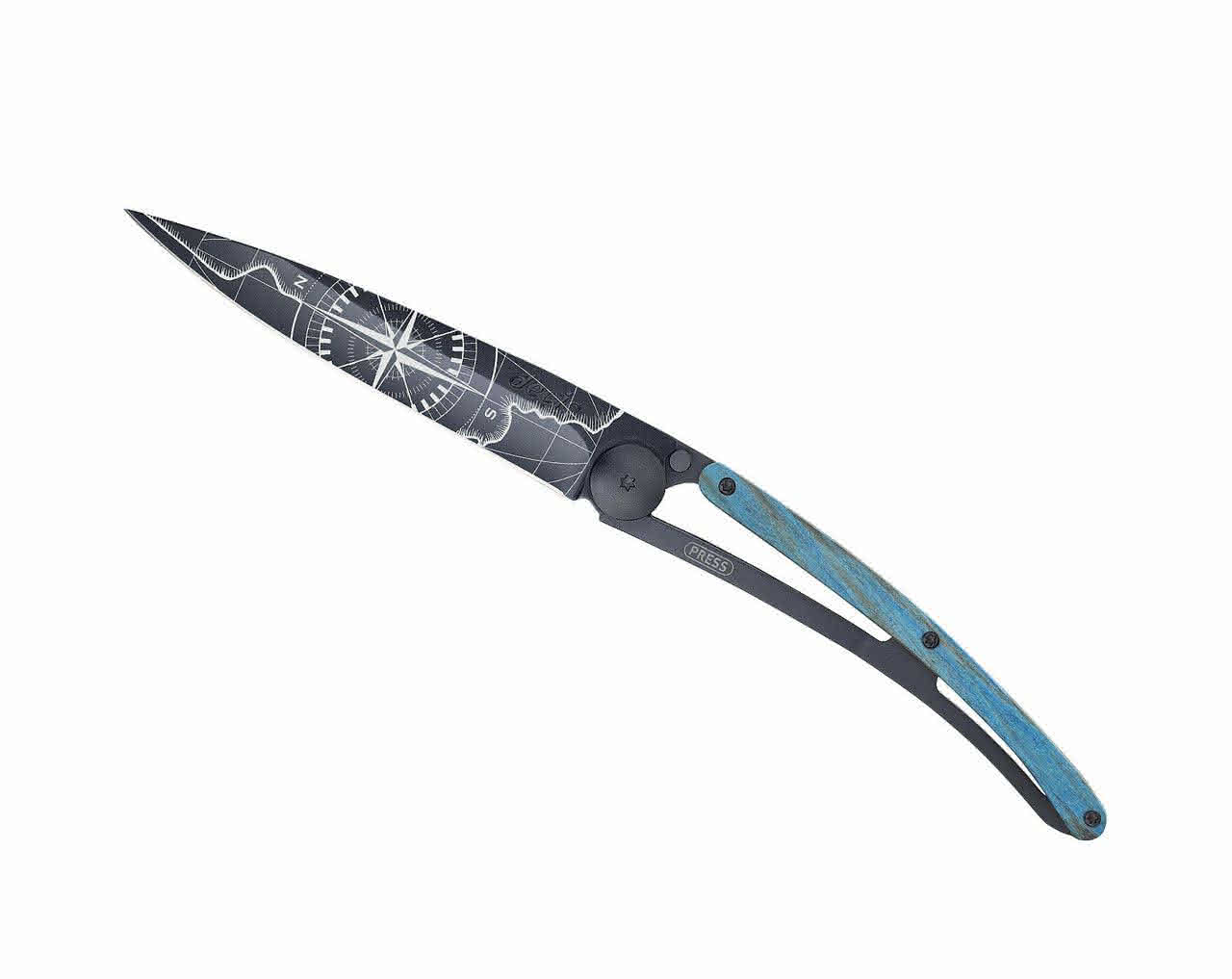 37g blaues Buchenholz,Tattoo "Terra Incognita", Taschenmesser 37g blaues Buchenholz,Tattoo "Terra Incognita", Taschenmesser