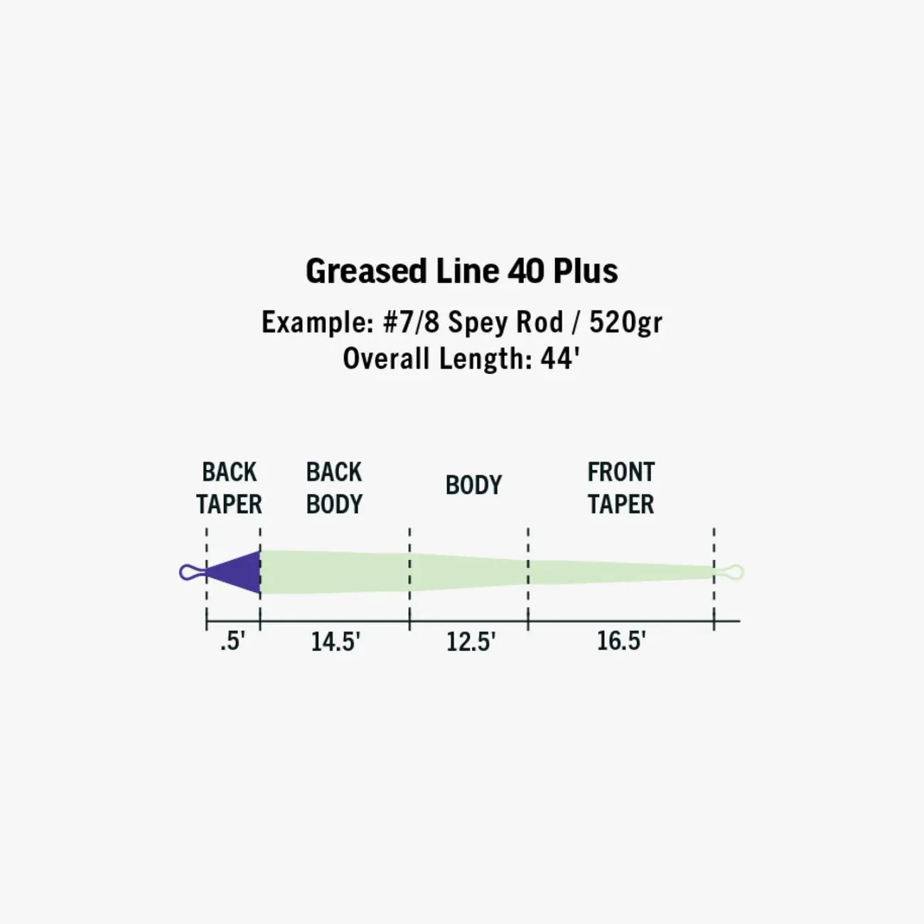 Greased Line 40 Plus, Back taper, Body, Overall length, Fishing line