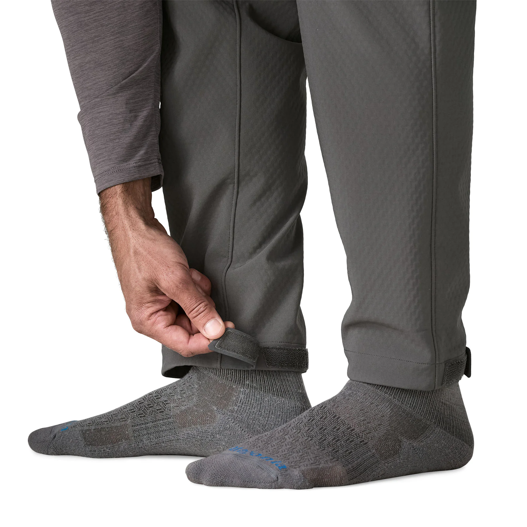 hiking pants, adjustable cuff, elastic gaiter, gray, sock-like socks