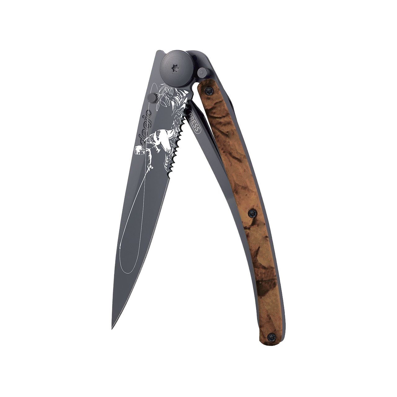 Serrated 37g Brown Camo, Tattoo "Fly Fishing", Pocket Knife