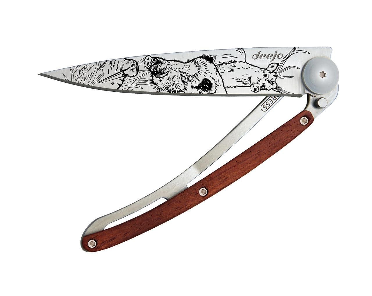 37g Coral Wood, Tattoo Knife "Hunting Scene", Pocket Knife