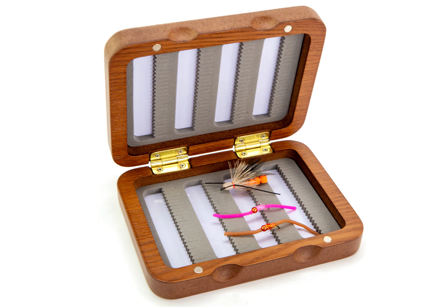 Fliegenbox, Holzgehäuse, Schaumstoffeinlage, Fliegenfischen, Klappbox