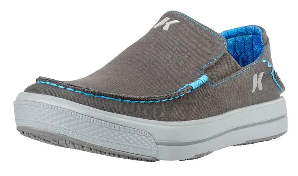 Slipper, Mokassin, Grau, blau genäht, Slip-On