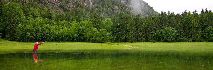 Fliegenfischen auf Hecht mit Fliegenrute am Bergsee Fliegenfischen auf Hecht mit Fliegenrute am Bergsee