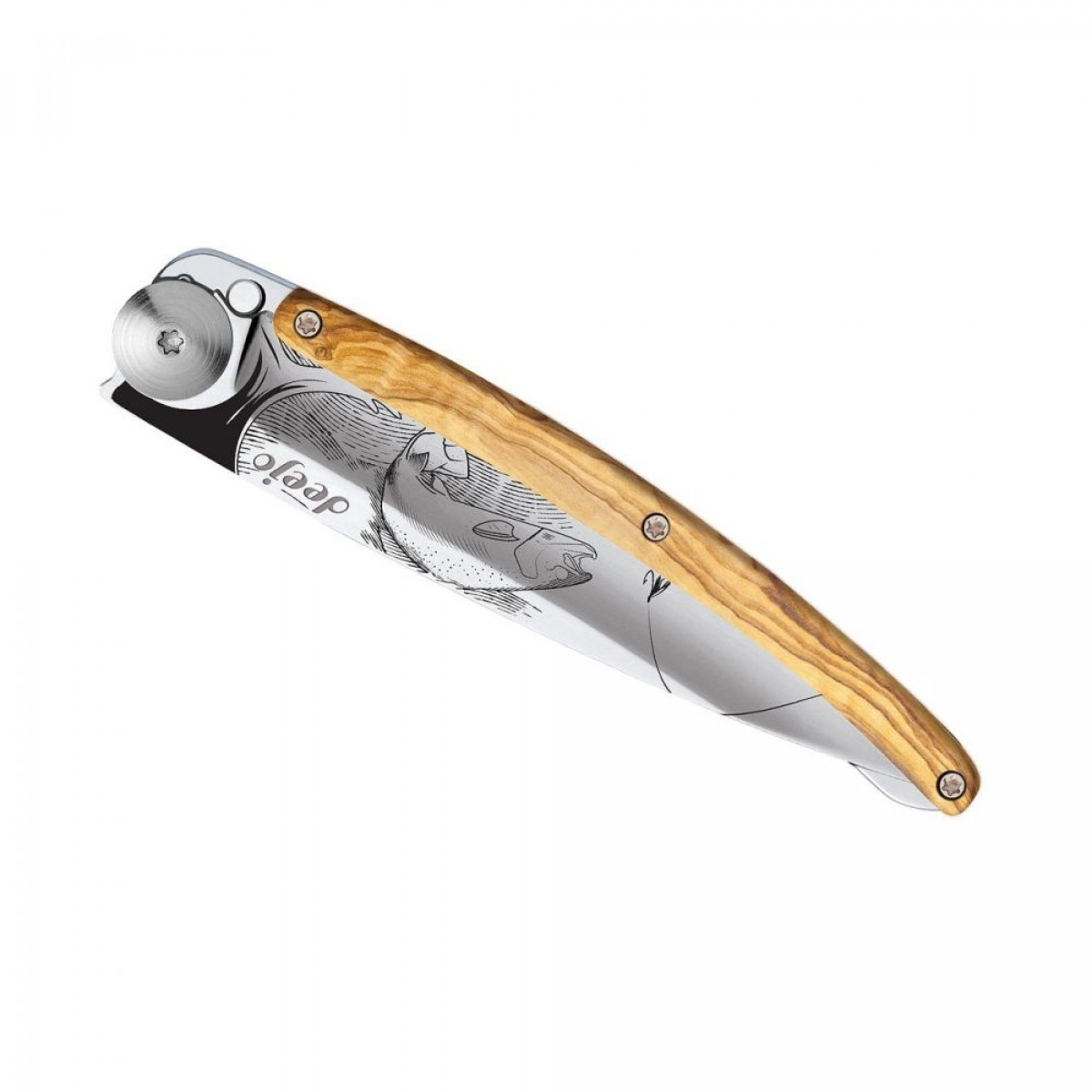 37g Olive Wood, Tattoo "Trout", Pocket Knife