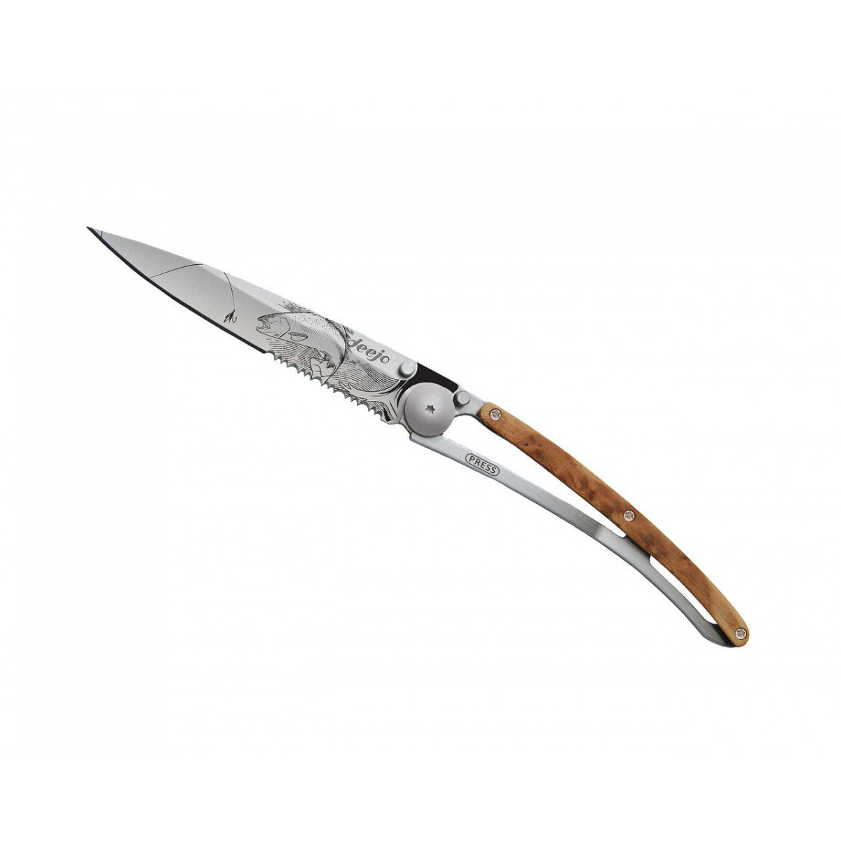 Serrated 37g Juniper Wood, Tattoo "Trout", Pocket Knife