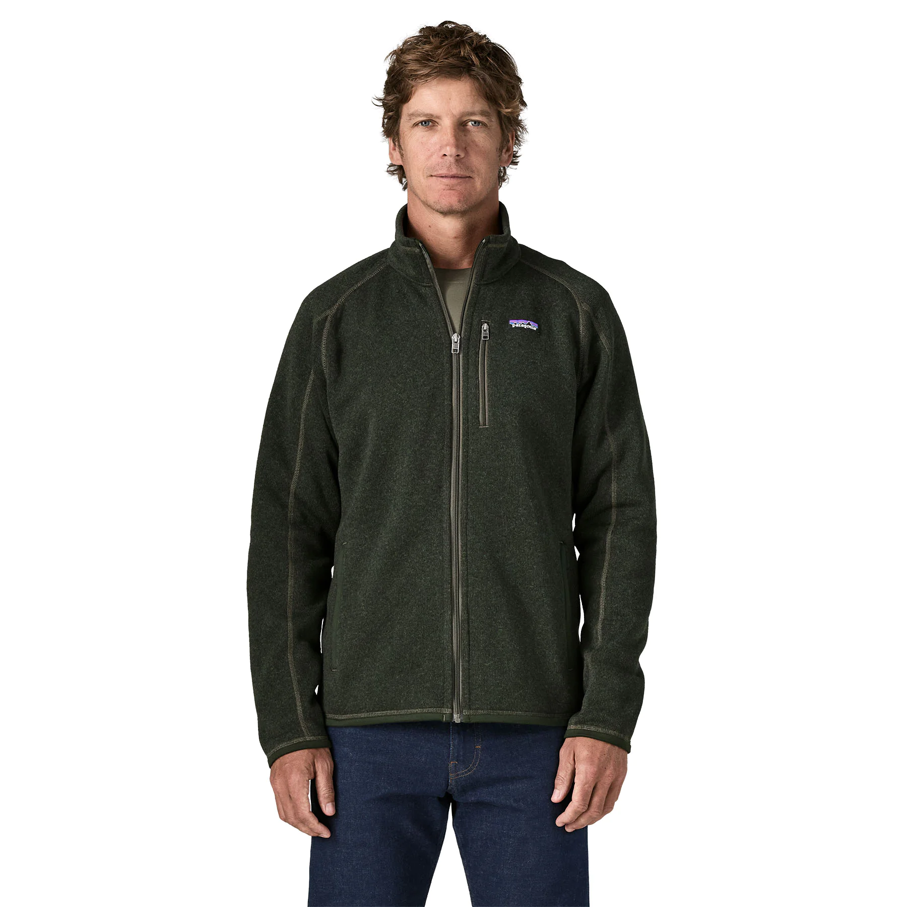 Fleecejacke, Reißverschlussjacke, dunkles Grün, Stehkragen, Brusttasche