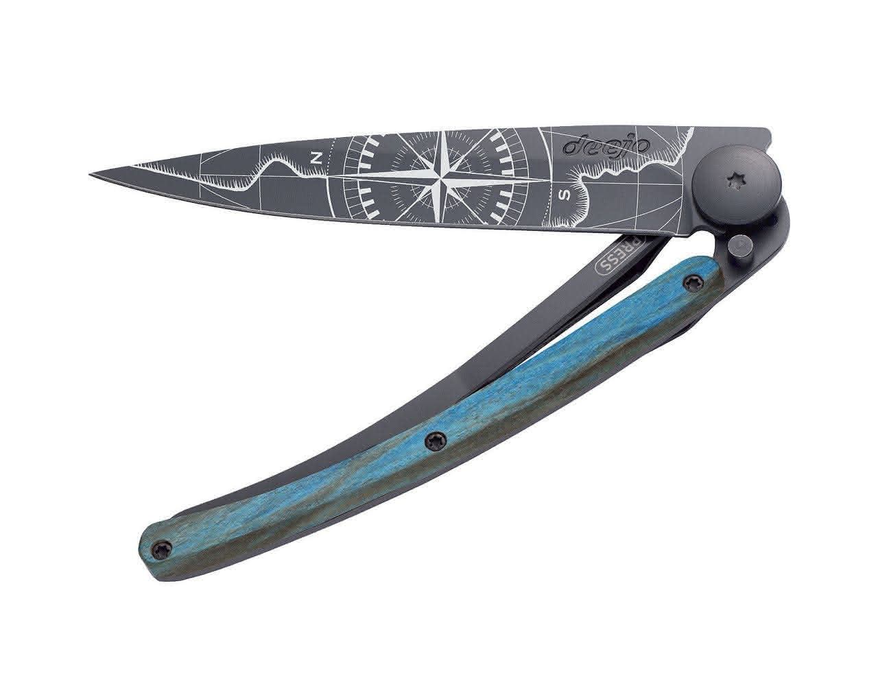 37g blaues Buchenholz,Tattoo "Terra Incognita", Taschenmesser 37g blaues Buchenholz,Tattoo "Terra Incognita", Taschenmesser