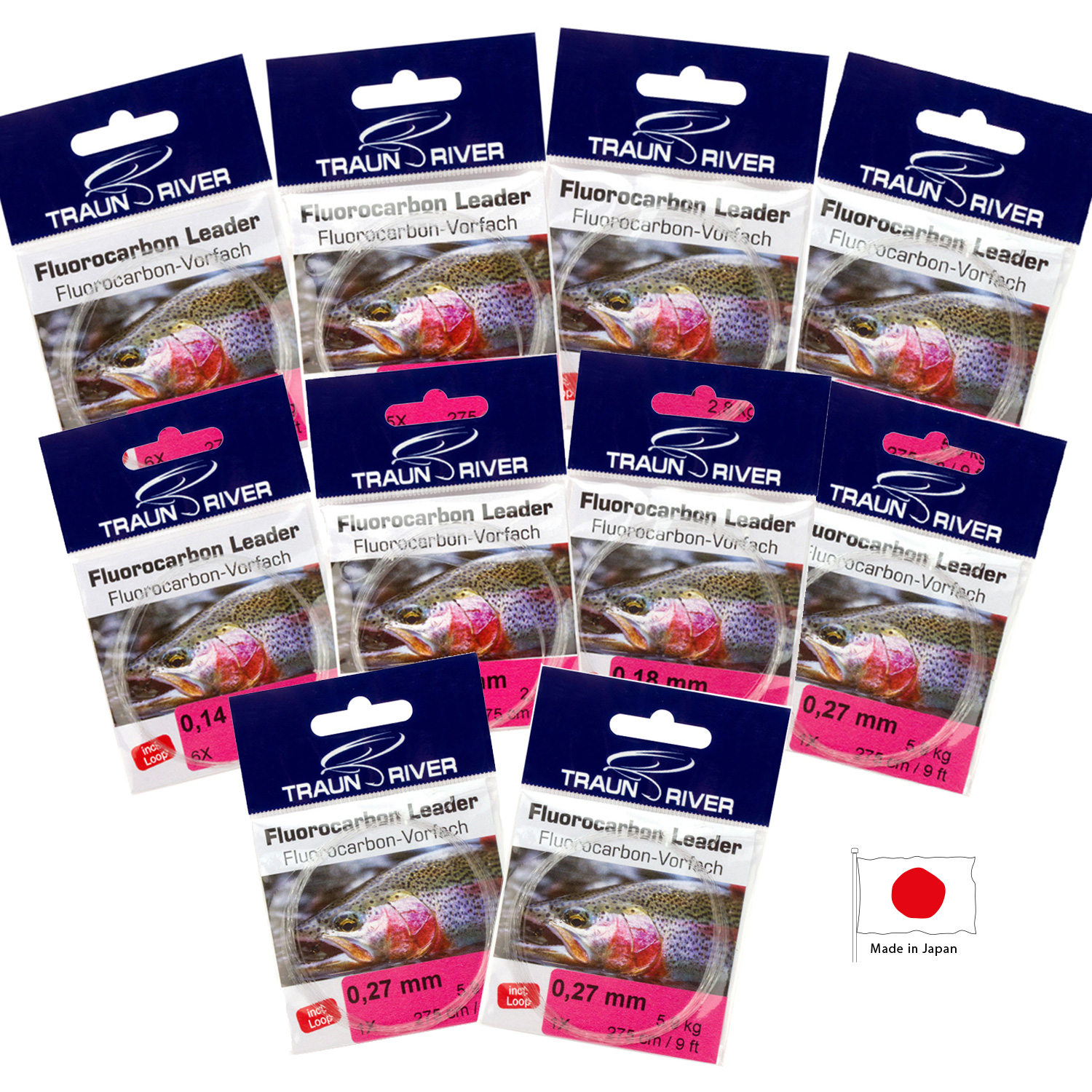 10-pack TRAUN RIVER Fluorocarbon Tapered Leader