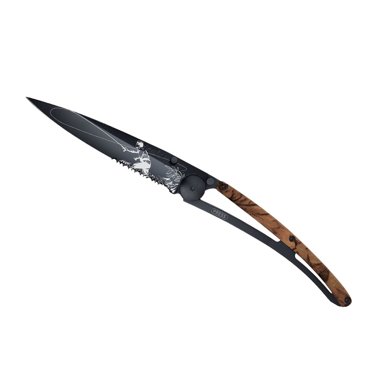 37g Serrated Braun Camo, Tattoo "Fliegenfischer", Taschenmesser